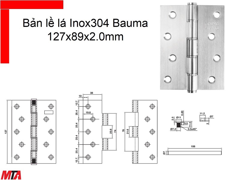 Bản lề cửa Bauma Hafele 926.20.345 kích thước 127x89x2.0 mm inox304 cửa nặng 45kg