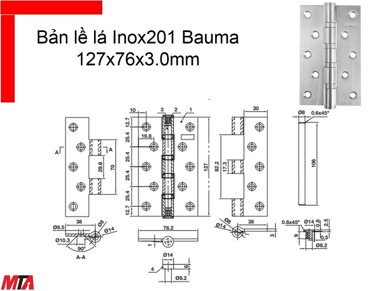 Bản lề cửa Bauma Hafele 926.20.352 kích thước 127x76x3.0 mm inox201 cửa nặng 80kg