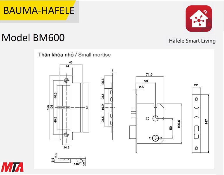 Khóa điện tử hafele Bauma BM600 MSP 912.20.394 thân nhỏ