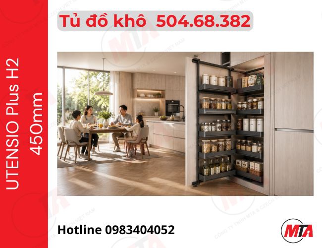 Rổ tủ đồ khô cánh bản lề Hafele Utensio Plus H2 504.68.382 - Phụ kiện tủ cao cho tủ rộng 450mm