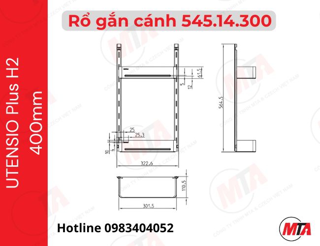 Rổ gắn cánh Hafele UTENSIO Plus H2 545.14.300 - Phụ kiện gắn cánh cho tủ 400mm