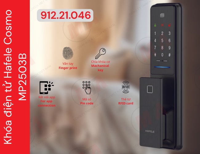 Khóa điện tử Hafele Cosmo MP2503B MSP 912.21.046 - Khóa thông minh kết nối App dành cho cửa gỗ mở xoay