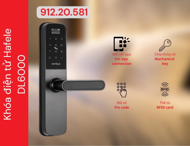 Khóa điện tử Hafele DL6000 MSP 912.20.581 - Khóa thông minh kết nối App dành cho cửa gỗ mở xoay