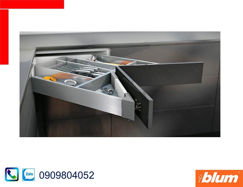 Ray hộp góc Blum Space Corner X1 màu xám với ray trượt 650mm