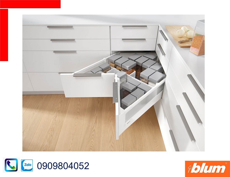 Ray hộp góc Blum Space Corner X6 màu trắng với ray trượt 650mm