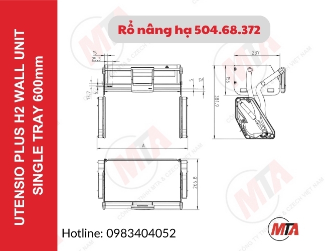 Rổ nâng hạ Hafele Utensio Plus H2 504.68.372 - Kệ nâng hạ 1 tầng cho tủ treo 600mm