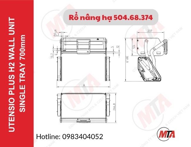 Rổ nâng hạ Hafele Utensio Plus H2 504.68.374 - Kệ nâng hạ 1 tầng cho tủ treo 700mm