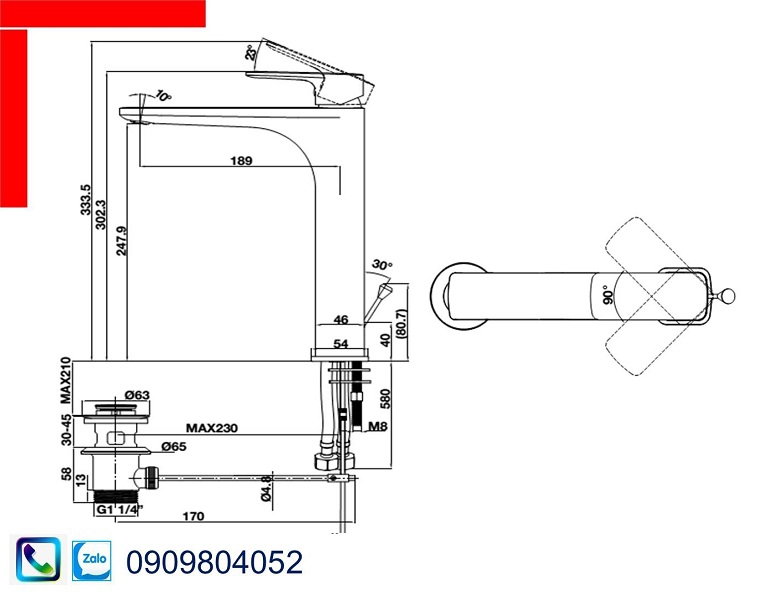 Vòi Lavabo Hafele 589.15.003 vòi trộn Kobe chiều cao 240mm có bộ xả kéo