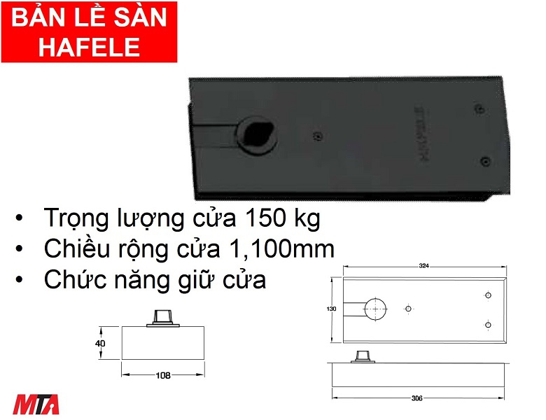 Bản lề sàn hafele MSP 932.84.046 màu đen dòng DCL 41 giữ cửa EN4 tải trọng 150kg