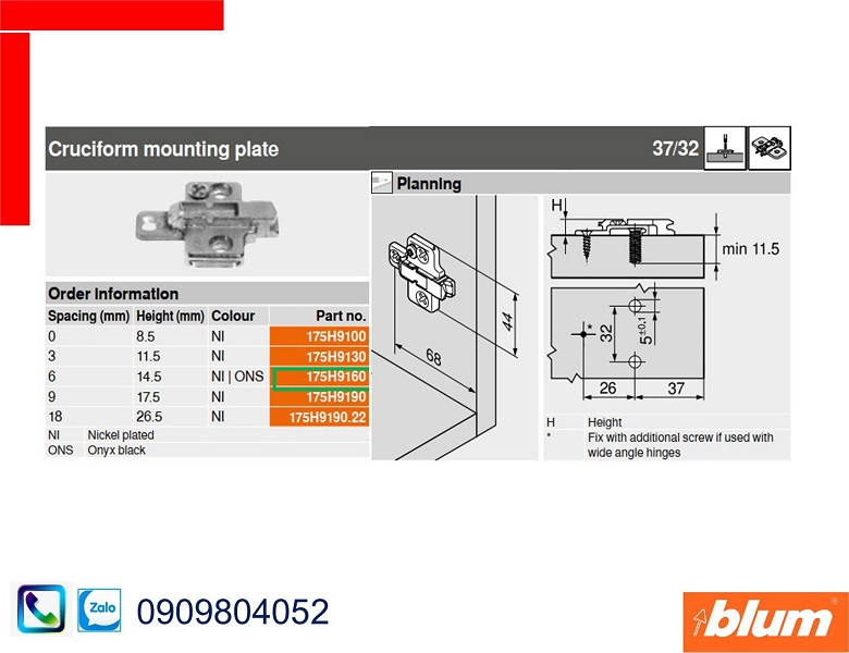 Đế bản lề Blum 175H9160 chữ thập 6mm màu nickel