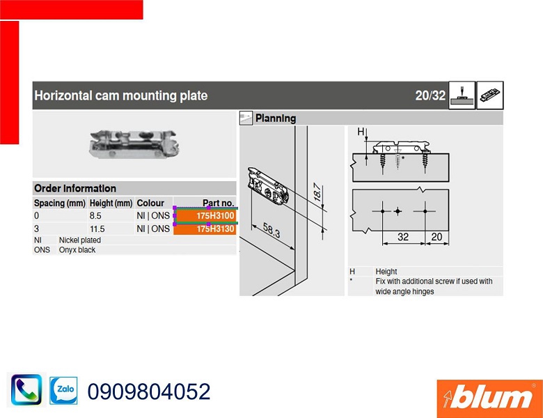 Đế bản lề Blum 175H3100 thẳng màu nickel