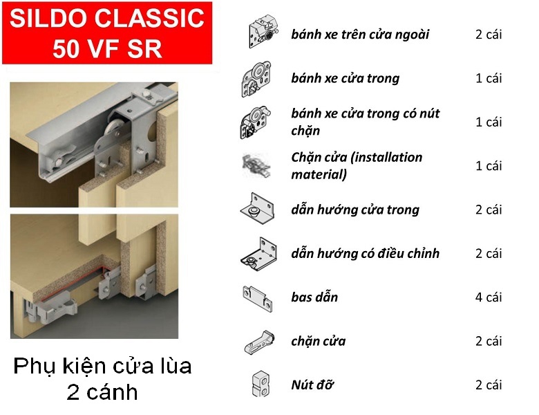 Phụ kiện cửa lùa tủ áo Hafele 400.51.120 cửa 2 cánh trùm ngoài 50kg gỗ dày 18-22mm