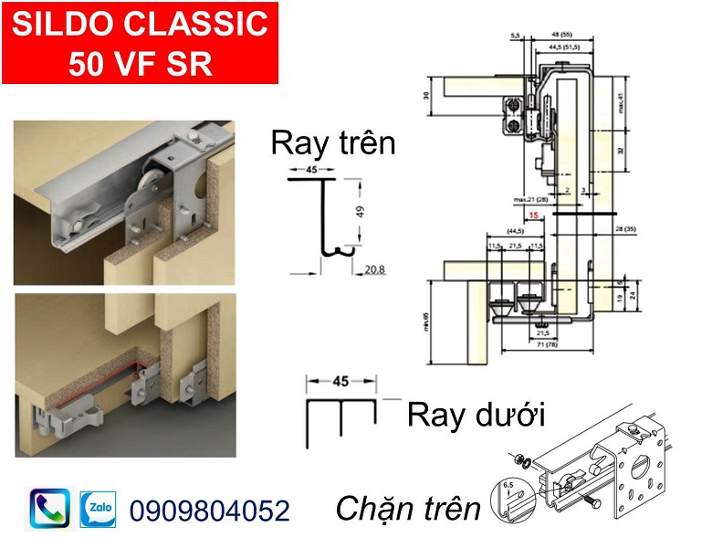 Phụ kiện cửa lùa tủ áo Hafele 400.51.120 cửa 2 cánh trùm ngoài 50kg gỗ dày 18-22mm