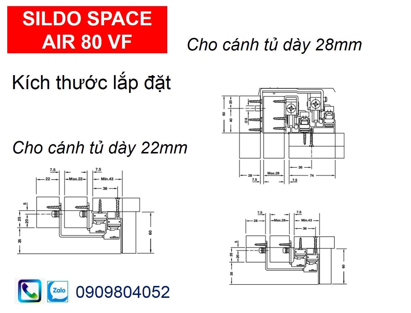 Phụ kiện cửa lùa tủ áo Hafele 406.78.026 cửa 2 cánh trùm ngoài 80kg gỗ dày 28mm