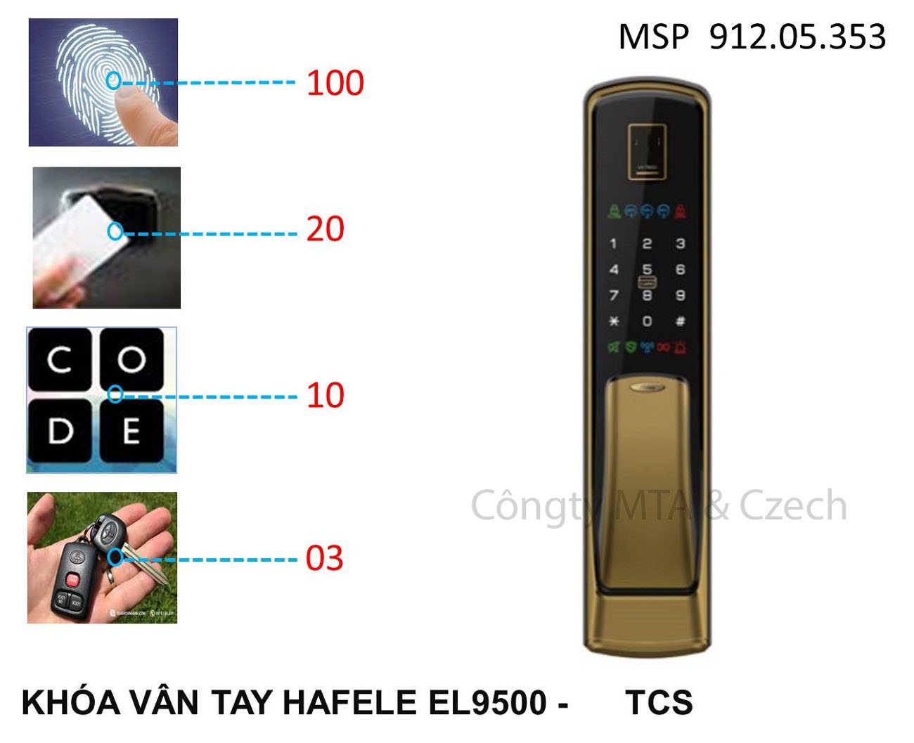 Khóa vân tay Hafele EL9500-TCL màu vàng 915.05.353