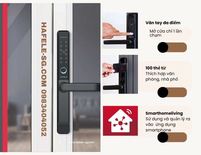 Khóa vân tay hafele DL6600 MSP 912.20.145 màu đen cho cửa nhôm mở xoay đố nhỏ 55mm