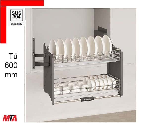 Giá bát nâng hạ Hafele 504.71.073 Inox 304 – dòng Kosmo-P Oria, Nan oval cho tủ treo 600mm