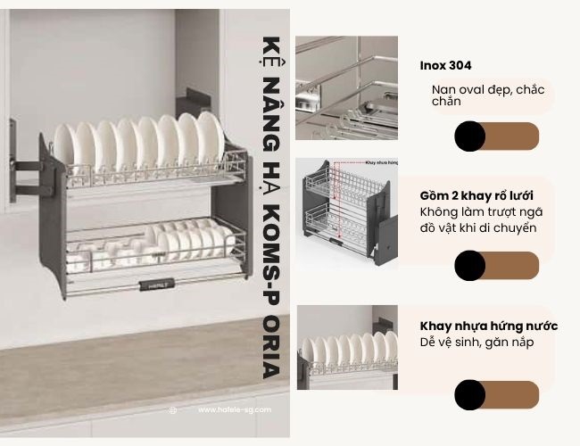 Giá bát nâng hạ Hafele 504.71.073 Inox 304 – dòng Kosmo-P Oria, Nan oval cho tủ treo 600mm