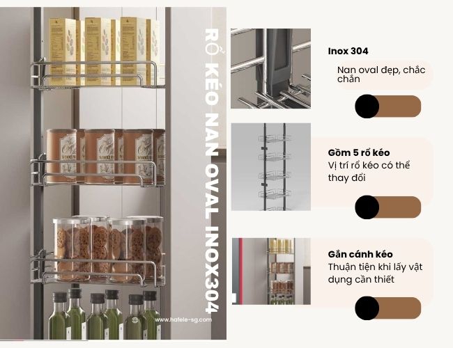 Tủ đồ khô Hafele Kosmo-P 595.71.047 dòng Kara-Pull Inox 304 – Ray Smuso giảm chấn, giải pháp tủ rộng 400 mm