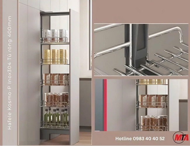 Tủ đồ khô Hafele Kosmo-P 595.71.047 dòng Kara-Pull Inox 304 – Ray Smuso giảm chấn, giải pháp tủ rộng 400 mm