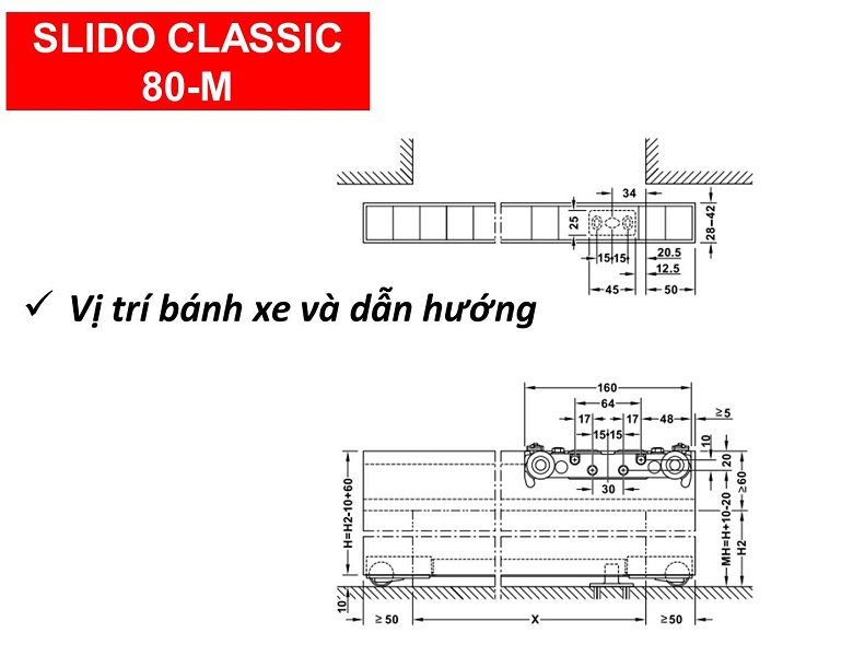 Phụ kiện cửa lùa hafele 80-M 940.59.008 cửa rộng 1.1m gắn âm vào cửa