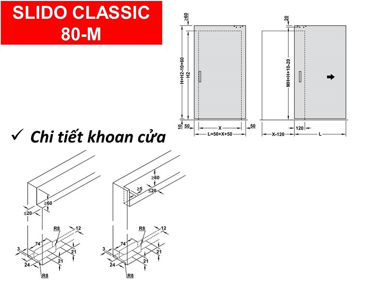 Phụ kiện cửa lùa hafele 80-M 940.59.008 cửa rộng 1.1m gắn âm vào cửa